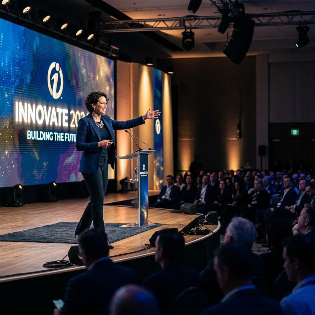 Speaker presenting from a lit stage